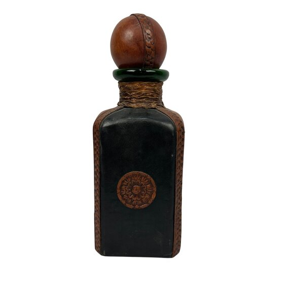 Leather Wrapped Whiskey Decanter With Lion Motif & Wooden Stopper A Menini Italy - Picture 5 of 7